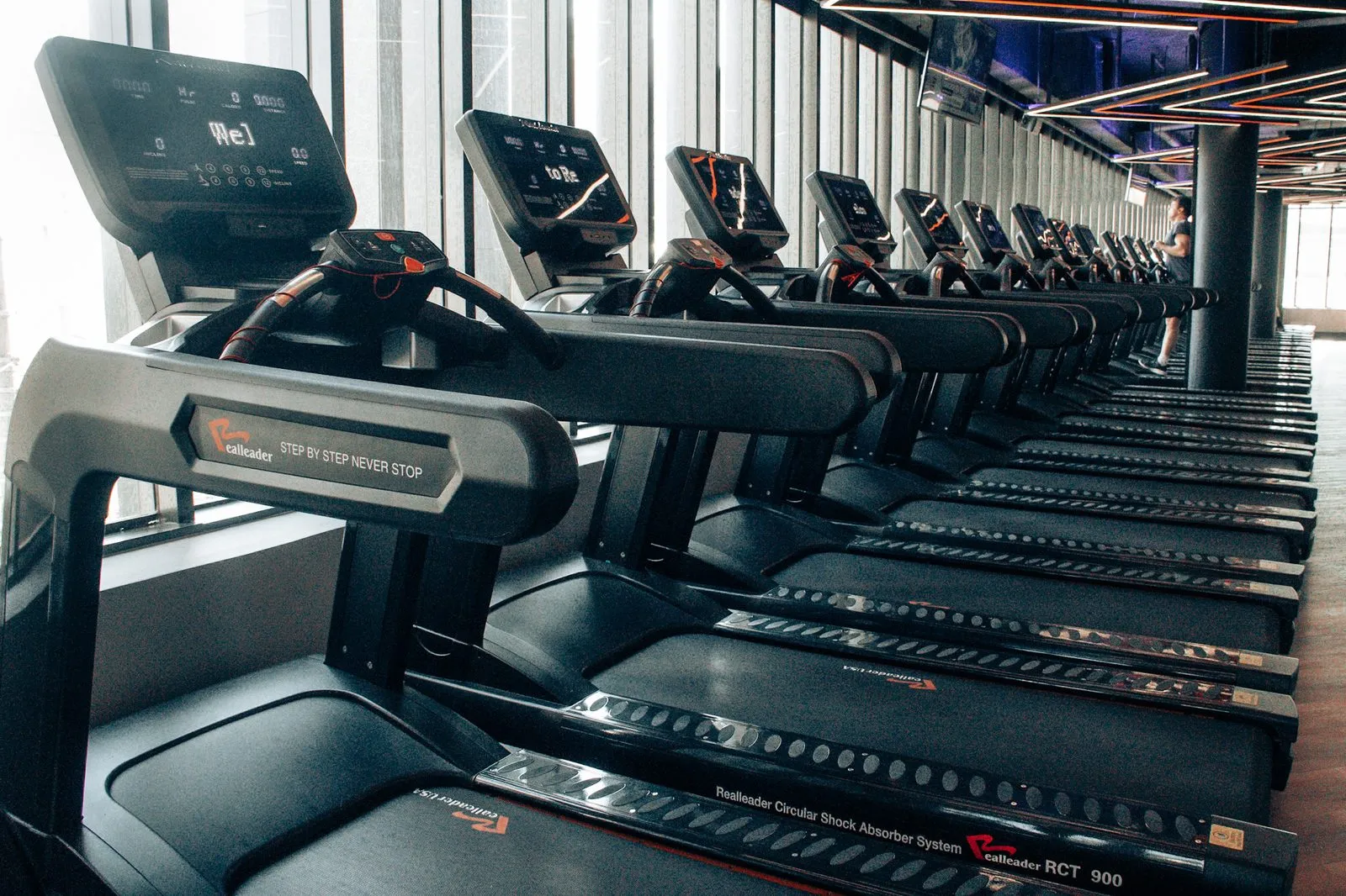 Área de cardio com fileira de esteiras